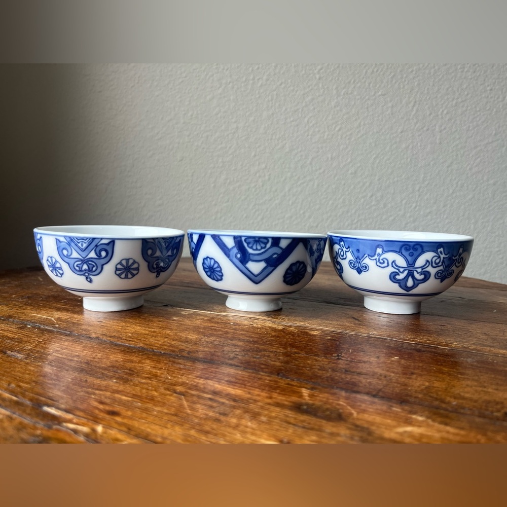 Set of 3, Bombay Company Blue and White Footed Rice Bowls